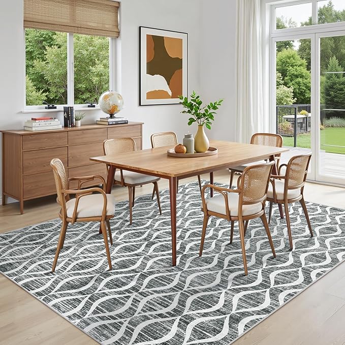 WITSHOCK 7x9 Dark Grey Living Room Rug - Washable Boho Soft Modern Geometric Low Pile Print Pattern Large Thin Indoor Rug for Bedroom Dining Room, Carpet for Nursery Playroom Decor, Eco-Friendly