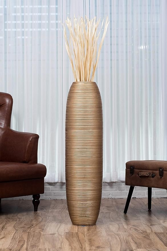 LEEWADEE Large Floor Vase – Handmade Flower Holder Made of Wood, Sophisticated Vessel for Decorative Branches and Dried Flowers, 43 inches, Golden