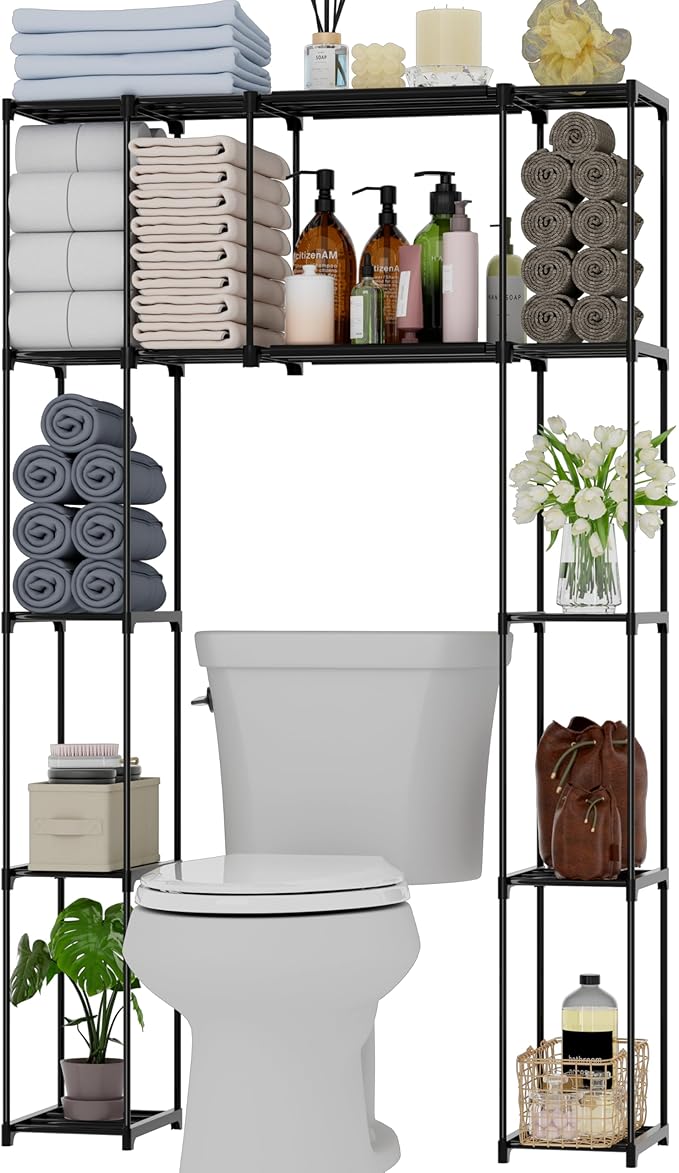 PPN Over-The-Toilet Storage Cabinet Premium Bathroom Organizers Solution for Small Spaces Black Bathroom Shelf Accessories Freestanding Shelves Towel Storage and Decorative Shelving Units Medium