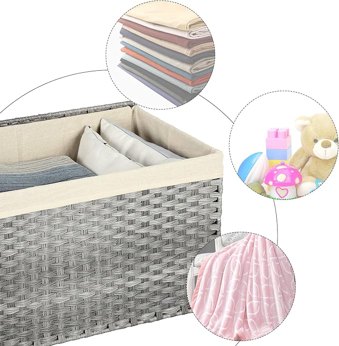 SONGMICS Storage Basket with Lid, 17.2 Gallon (65L) Storage Bin, Woven Blanket Storage Basket with Handles, Foldable, Removable Liner, Metal Frame, for Bedroom, Laundry Room, Gray URST56WG