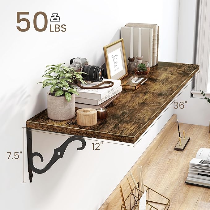 Fun Memories 36 Inches Floating Shelves, Rustic Long Wall Shelves, 12 Inch Deep Book Shelf Wall Mounted, Wide Display & Storage Shelves for Living Room, Bathroom, Bedroom, Rustic Brown, Set of 2