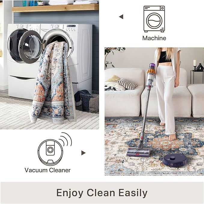 vivorug 6x9 Area Rugs, Ultra-Soft Washable Boho Rug for Living Room Dinner Room Bedroom, Non-Slip Vintage Floral Indoor Carpet Large Area Rug Orange/Navy