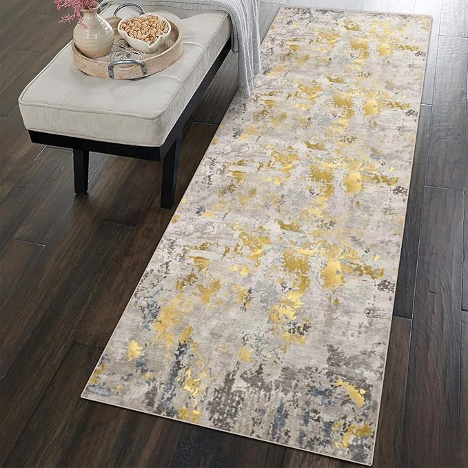 vivorug Runner Rug 2'x8' Machine Washable Non-Slip Runners for Hallways Kitchen Entryway Laundry Room Modern Abstract Carpet Hallway Runner Grey/Mustard