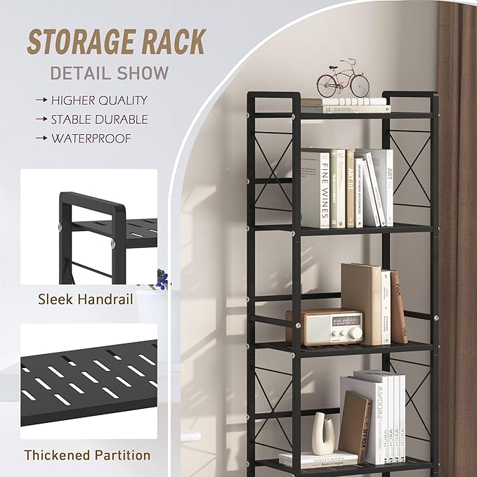 JSB 3 Tier Metal Bookshelf Bathroom Storage Standing Shelf Unit Kitchen Storage Organizer Display Rack Bookcases Shelves for Living Room, Bedroom, Office (Widen Black, 3 Tier)