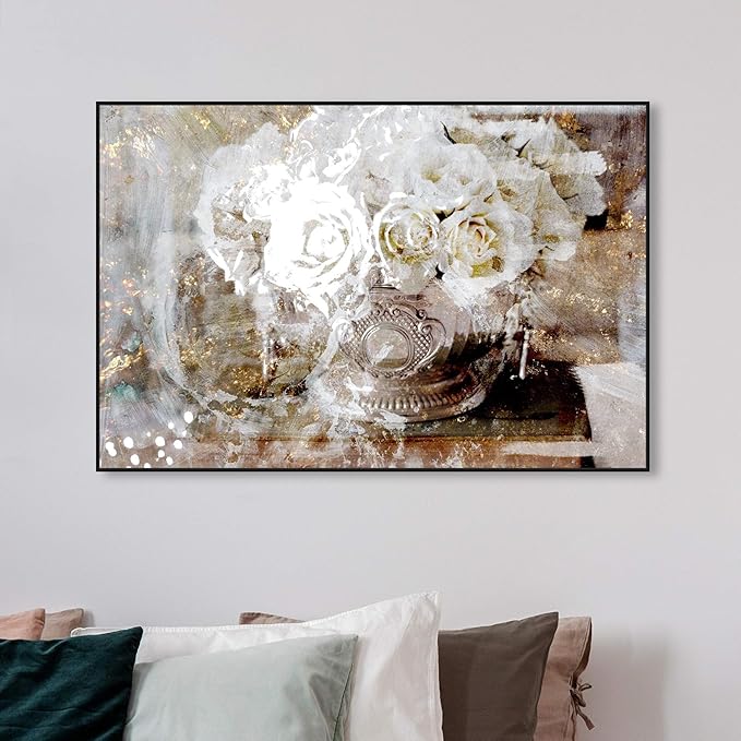 Floral and Botanical Framed Wall Art Canvas Prints 'Serving Roses' Florals, White, Gold, 54" x 36"
