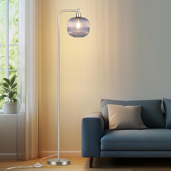 QiMH Glass Floor Lamp for Living Room, 67” Modern Standing Lamp with Blue Ribbed Glass Lampshade Pedal Switch Tall Lamp for Bedroom, Brushed Silver(2700K LED Bulb Included)