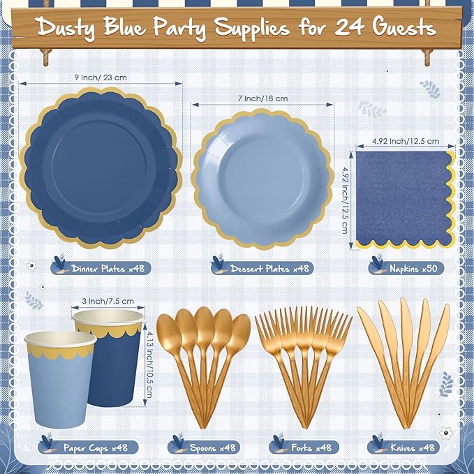 338 Pcs Dusty Blue Plates and Napkins Party Supplies for Guests Blue Tableware Include Scalloped Plates Paper Napkin Cup Spoon Fork Knife for Baby Shower, Wedding, Birthday