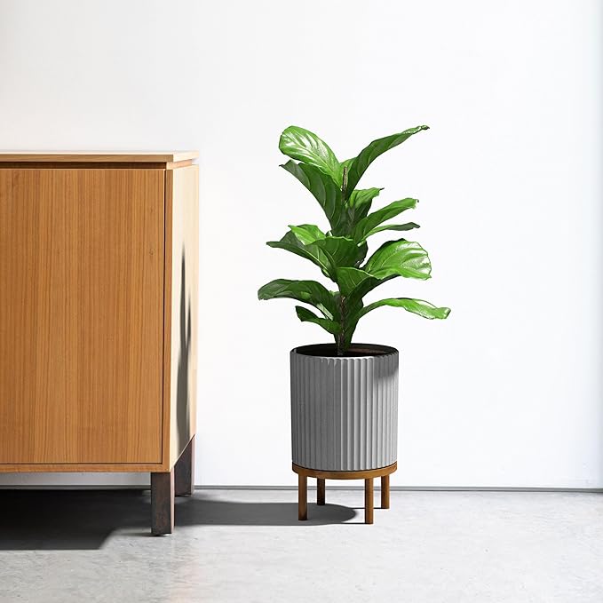 Veradek Demi Series Round Planter w/Stand for Porch/Patio | Durable Plastic-Stone Composite & Wooden Stand | Modern Décor for Tall Plants, Flowers