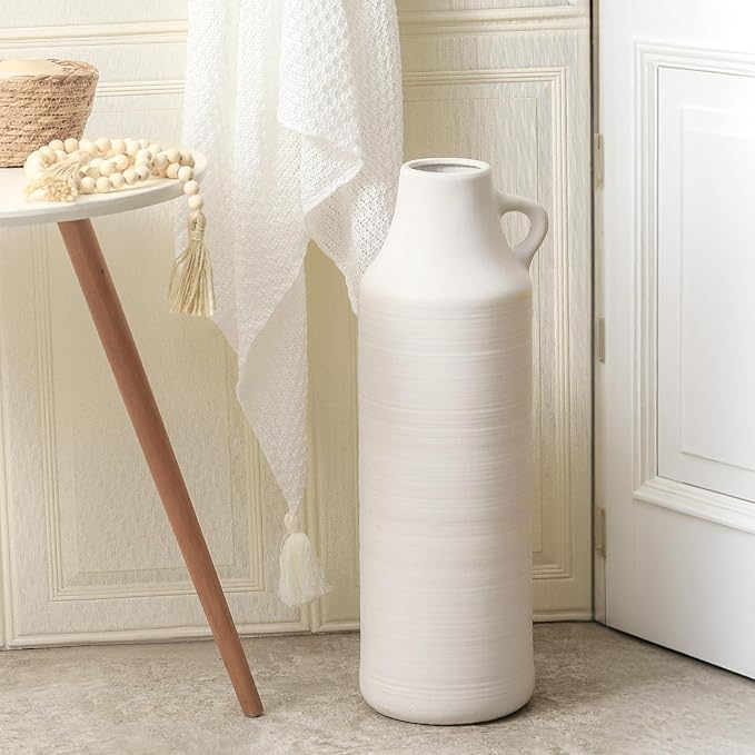 Mitt&Ditt Tall Floor Vase with Handles, 22.8 inch Large Flower Vase, Boho Decorative Pampas Grass Vases, Modern Ceramic Vase for Home Decor, Living Room, Table (White)