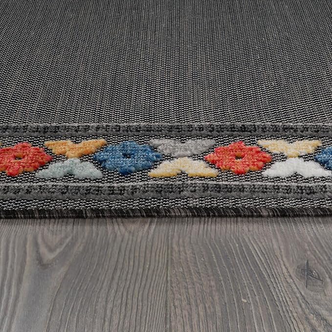 Beverly Rug Outdoor Runner Rug 2x7 Modern Floral Bordered Area Rugs for Indoor and Outdoor Patio Easy to Clean Non Shedding Living Room Porch Garden Washable Outside Carpet (2 x 7 Dark Gray)