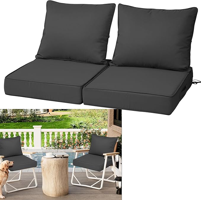 Outdoor Deep Seat Cushions for Patio Furniture Set of 2, Waterproof Outdoor Chair Cushions 24 x 24 x 4'' Patio Furniture Cushion with Fade Resistant Removable Cover, Handle & Straps, Dark Gray