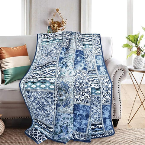 NEWLAKE Quilted Throw Blanket for Bed Couch Sofa, Blue Classic Bohemian, 60X78 Inch