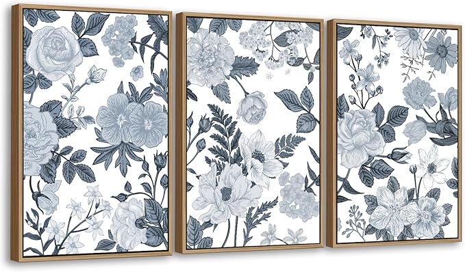 Large Framed Canvas Wall Art - Natural Float Framed Rustic Grey White Flowers Pictures Decor Gray Blue Leaves Artwork Prints for Bedroom Living Room Kitchen Home Office Decoration 60" X 28" Set of 3