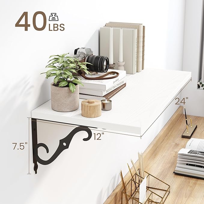 Floating Shelves for Wall, 24"W x 8"D Wall Shelves, 12 Inch Deep Floating Shelf with Bracket, 24 Inch Floating Shelves for Living Room and Bathroom, Display & Storage Shelves, White, Set of 2