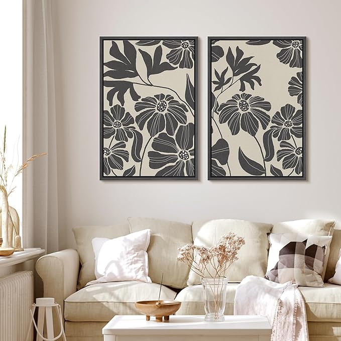 MUDECOR Framed Canvas Print Wall Art Monochrome Floral Botanical Black and White Illustrations Modern Art Decorative Bohemian Colorful Chic for Living Room, Bedroom, Office - 16"x24"x2 Black
