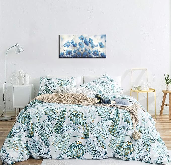 Blooming Blue Flowers Plants Wall Art Decor Artwork for Bedroom (20x40 Inches)