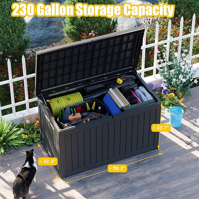 ROJIK Outdoor Storage Housing Deck Box,Waterproof Patio Furniture, Garden Tools,Cushions,Pool Accessories Storage Bench with Lockable Lid and Side Handles (Black,230 Gal)