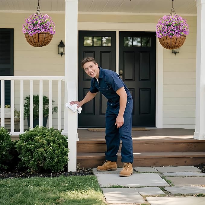 Faux Flowers for Outdoor Planters, 2Pcs Purple Lifelike Topiary Ball Tree with Ground Spike, Daisy Eucalyptus Artificial Flowers for Front Porch Decor