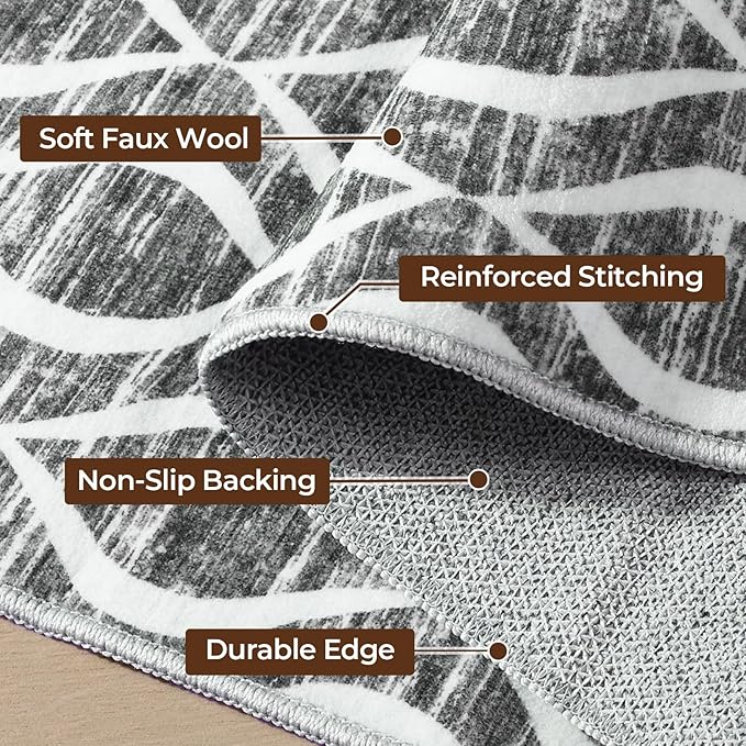 WITSHOCK 7x9 Dark Grey Living Room Rug - Washable Boho Soft Modern Geometric Low Pile Print Pattern Large Thin Indoor Rug for Bedroom Dining Room, Carpet for Nursery Playroom Decor, Eco-Friendly