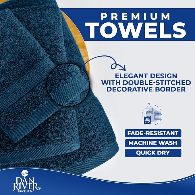 DAN RIVER 8 PC Luxury Bath Towels for Bathroom, 2 Bath, 2 Hand, and 4 Wash Cloths, 600 GSM 100% Ring Spun Cotton Towel Set, Highly Absorbent, Gym, Hotel, and Spa, Blue Opal