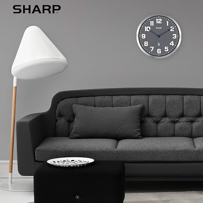 Sharp Atomic Analog Wall Clock - 12" Grey Face, Silver Brushed Finish - Sets Automatically- Battery Operated - Easy to Read - Easy to Use – Modern Design and Style