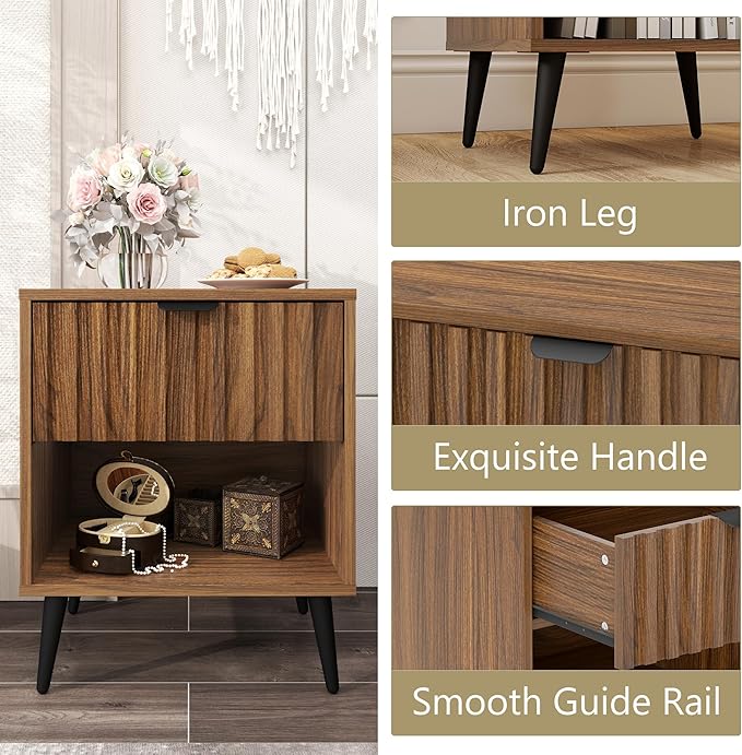 Fluted Nightstand, Natural Wood Nightstand with Drawer and Open Storage, Mid Century Fluted Side Table Modern Bedside Stand with Wood Veneer for Bedroom, Office, Walnut&Brown
