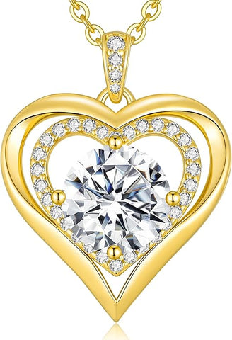 Moissanite Heart Pendant Necklaces for Women, 925 Sterling Silver Gold Plating Lab-Created Gem Necklace Engraved with 'I LOVE YOU', Ideal Anniversary Birthday Christmas Valentine Engagements Mothers Day Jewelry Gifts for Mom Wife Girlfriend Daughter Her