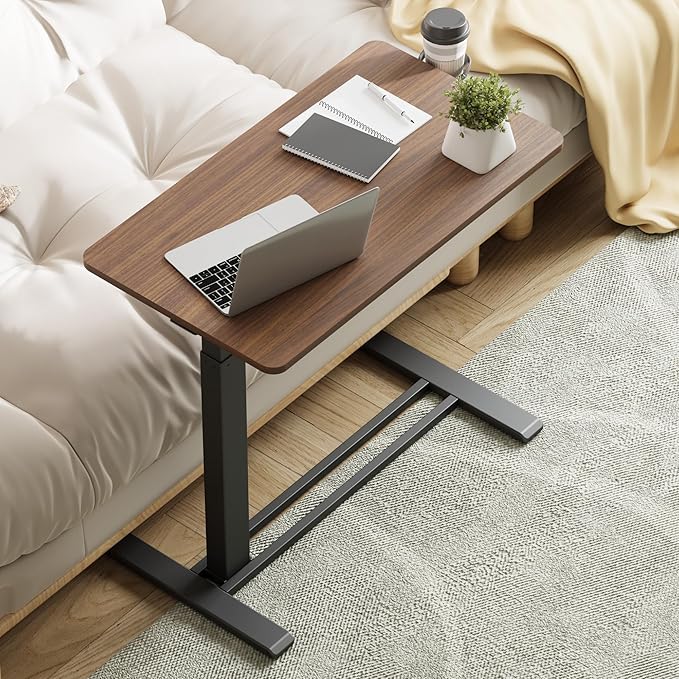 Medical Overbed Adjustable Bedside Table with Hidden Casters, Pneumatic Mobile Rolling Laptop Standing Desk with Tray for Home and Hospital Use, Mahogany, Large