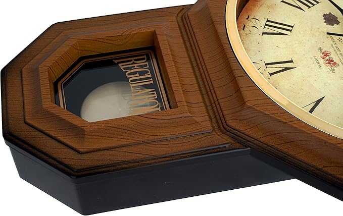 JUSTIME Traditional Schoolhouse Classic Vintage Rose Regulator Wall Clock, Chiming Wall Clocks with Pendulum & Westminster Chime Hourly, Schoolhouse Wall Decor Battery Operated (Light Wood Grain)