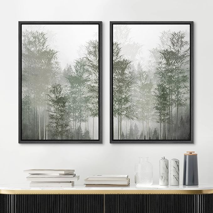 MUDECOR Framed Canvas Print Wall Art Pastel Watercolor Misty Fog Forest Tree Wilderness Nature Illustrations Modern Art Decorative Calm/Relax Multicolor Rustic Minimal for Bedroom - 16"x24"x2 Black