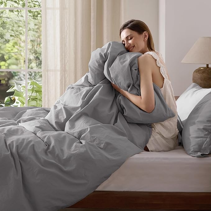 Bedsure 100% Washed Cotton Duvet Cover King Size - Gray Minimalist Cotton Duvet Cover Linen Like for All Seasons - GentleSoft™ Plain Simple Bedding, 3 Pieces (Gray, King, 104"x90")