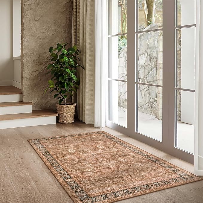 Morebes Vintage Washable 3x5 Rugs for Entryway, Boho Bedroom Area Rug Non Slip Aesthetic Soft, Distressed Non-Shedding Floral Carpet for Kitchen Foyer Bedside Playroom,Brown
