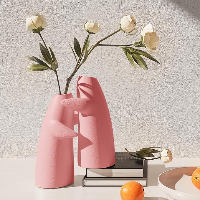 2 Pack Flower Vases for Bouquet, Pink Small Ceramic Vases for for Centerpieces Home Decor Accents Terracotta Vase for Table Entryway Bookshelf Living Room