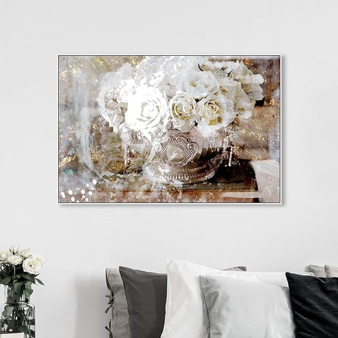 The Oliver Gal Artist Co. Floral and Botanical Framed Wall Art Canvas Prints 'Serving Roses' Florals, White, Gold, 54" x 36"
