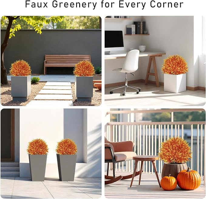 24" Fall Cedar Topiary Trees Artificial Outdoor, Set of 2 Faux Bushes and Shrubs with Ground Spike, UV Resistant Realistic Large Fake Ball Plants for Front Porch Outside Planters Backyard Decor