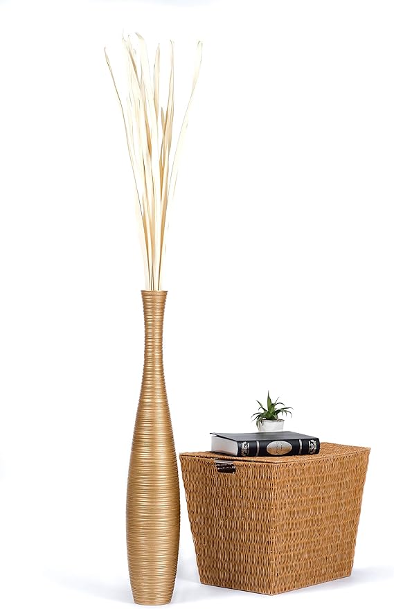 Leewadee Large Gold Home Decor Floor Vase – Wooden 34 inches Tall Farmhouse Decor Flower Holder for Fake Plant and Pampas Grass