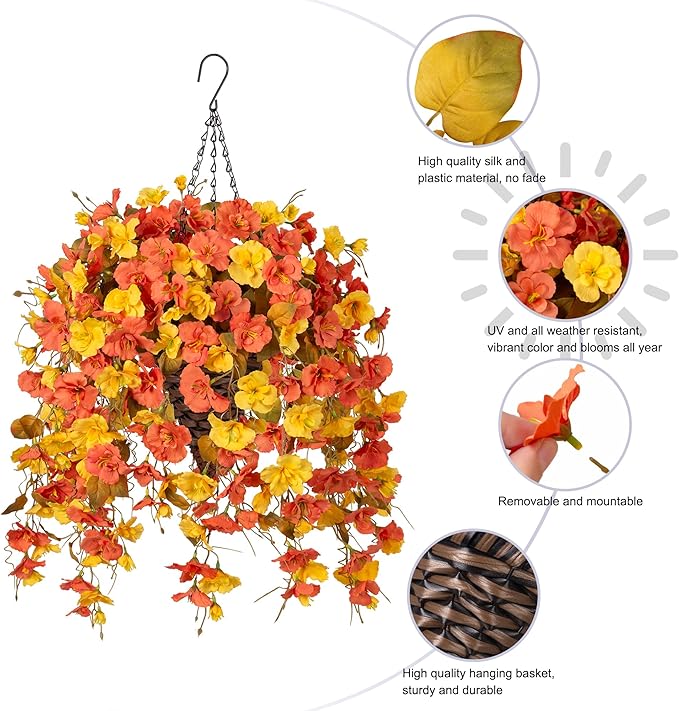 Ivydale Artificial Hanging Flowers with Basket for Outdoor Fall Decoration, Fake Hibiscus Vines Faux Plants Realistic Silk Flowers for Planters Outside Home Patio Porch Balcony, Fall YellowOrange