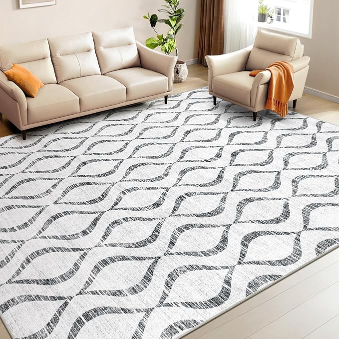 WITSHOCK 9x12 Area Rugs: Washable Non-Slip Geometric Boho Print Pattern Large Thin Indoor Rug for Living Room Bedroom Under Dining Table, Carpet for Nursery Playroom Decor, Kid & Pet Friendly, Grey