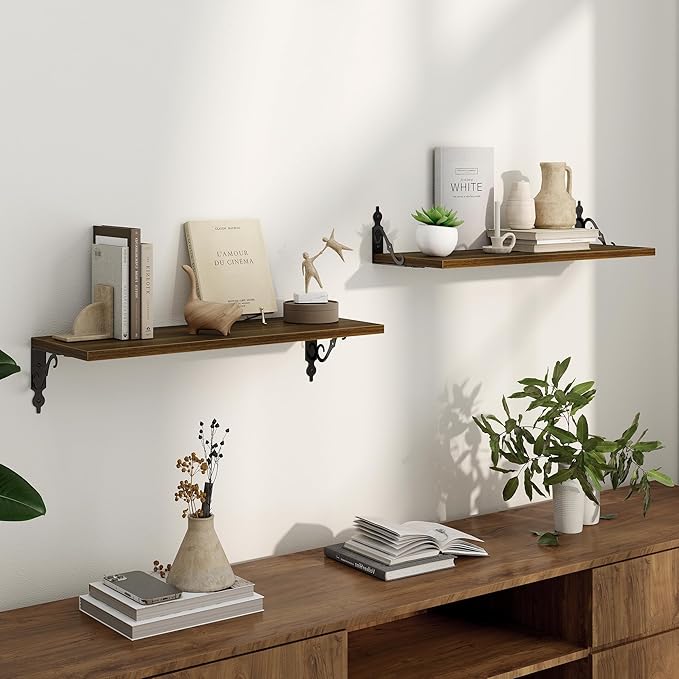 Floating Shelves for Wall, 24"W x 8"D Wall Shelves, 8 Inch Deep Floating Shelf with Bracket, 24 Inch Floating Shelves for Living Room and Bathroom, Display & Storage Shelves, Walnut, Set of 2