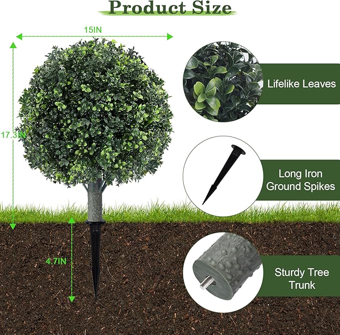 16" Artificial Boxwood Topiary Trees, UV Resistant Outdoor/Indoor Faux Plants Realistic Landscaping Decor for Porch Garden Entryway-2 Pack