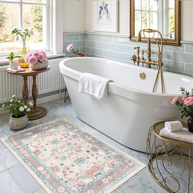 Deerly Pink Floral Rugs for Entryway 2x3 Washable Throw Rug Small Vintage Boho Bathroom Door Mat Non-Slip Soft Low Pile Thin Indoor Carpet for Kitchen Entrance Farmhouse, Light Pink/Blue/Multi