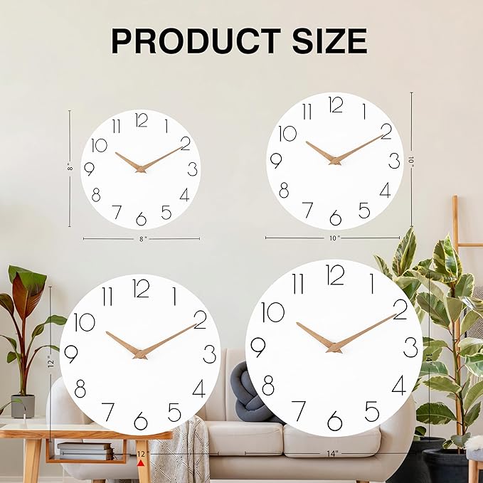 Wall Clock, 12 Inch Wooden Silent Non-Ticking, Decorative Battery Operated Wall Clocks for Bedroom, Kitchen, Home, Living Room, Office, School, Hotel (White)
