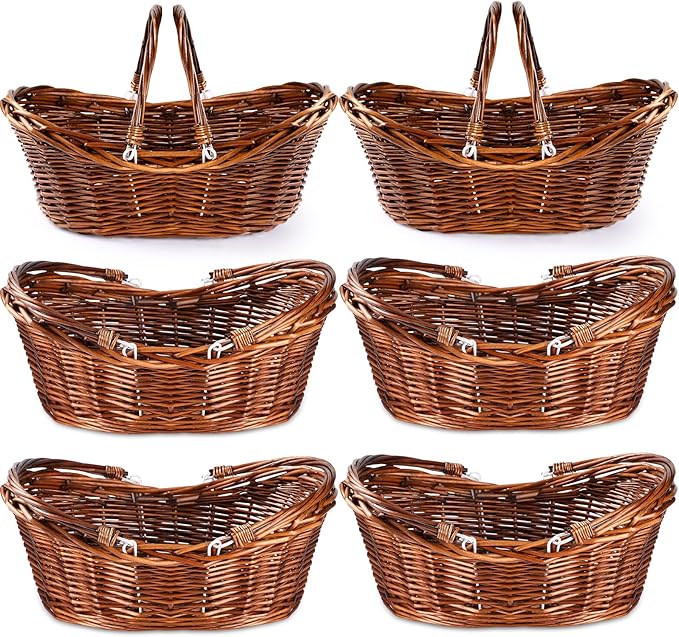 Wesiti 6 Pcs Wicker Picnic Basket with Handle, Hand Woven Harvest Basket Bulk, Wicker Flower Hoppet for Storage, Picnics, Easter, Organizing, Egg Gathering, Candy, Wedding(Dark Brown)