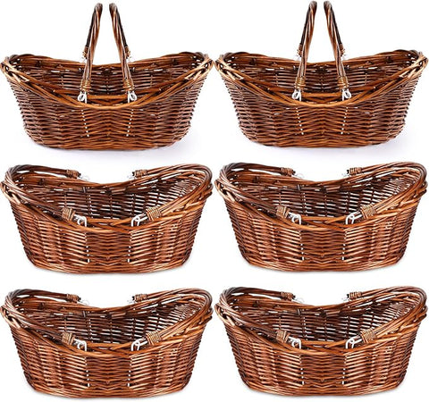 Wesiti 6 Pcs Wicker Picnic Basket with Handle, Hand Woven Harvest Basket Bulk, Wicker Flower Hoppet for Storage, Picnics, Easter, Organizing, Egg Gathering, Candy, Wedding(Dark Brown)
