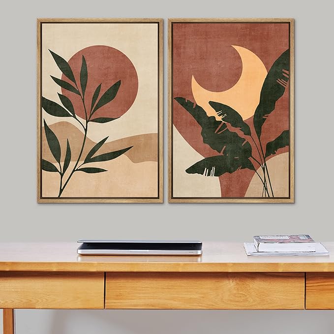 SIGNFORD Framed Canvas Print Wall Art Set Sun & Moon Mid-Century Desert Plants Abstract Shapes Illustration Modern Art Nordic Nature for Living Room, Bedroom, Office - 24"x36"x2 Natural