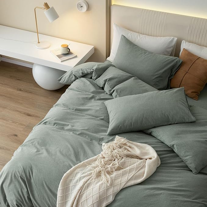 JIYUAN 100% Washed Cotton Duvet Cover Set 3 Pieces Cal King, 1 Duvet Cover 104x98 Inches(Comforter Not Included) and 2 Pillowcases,Linen Feel Bedding Set Comfy and Breathable, Heathered Green