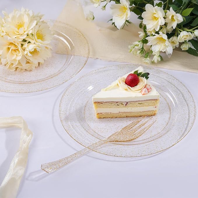 WELLIFE 120 Guests Gold Glitter Plastic Plates and Dessert Forks, 6.5 inch Disposable Dessert Plates, Durable Plastic Small Forks, Perfect for Catering, Parties &Weddings, regular