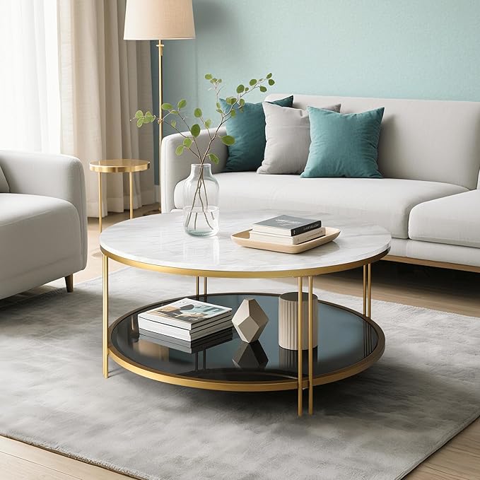 Modern Round Coffee Table with Faux Marble Top, Smoky Tempered Glass Shelf, Gold Metal Frame, 36" Living Room Center Table with Storage