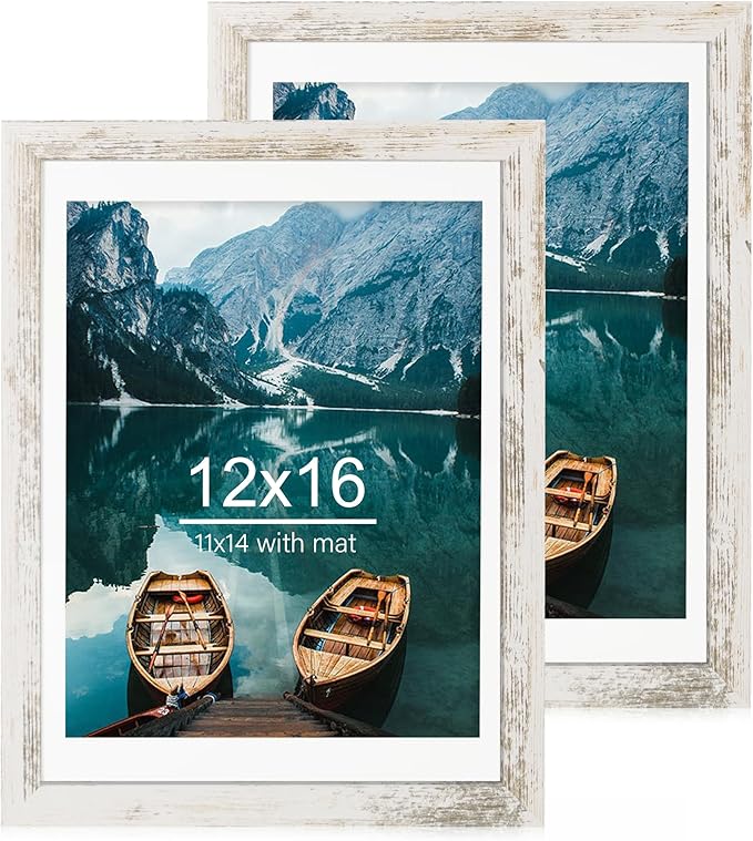 12x16 Picture Frame Set of 2, Distressed White Wood Style - Display 12 x 16 Poster without Mat or 11x14 Picture with Mat, Wall Mounting Horizontal and Vertical