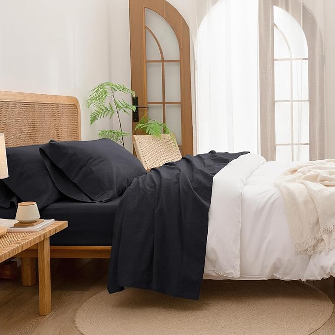 BESTOUCH Sheet Set 100% Washed Cotton Linen Feel Super Soft Comfortable Chic Lightweight 4 Pcs Home Bedding Set Solid Deep Black Cal King